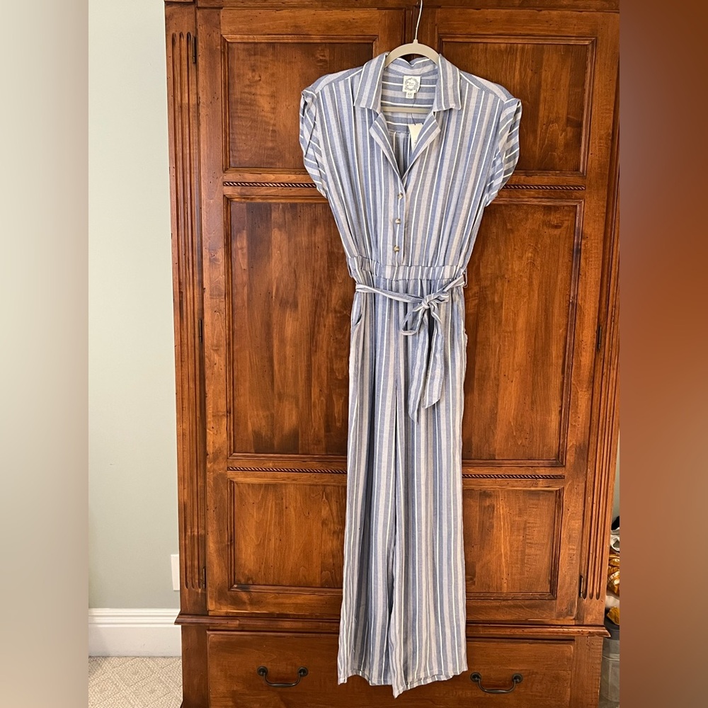 NWT Blue Rain Blue & White Striped Jumpsuit | Size XXS | Pockets | Belted Waist
